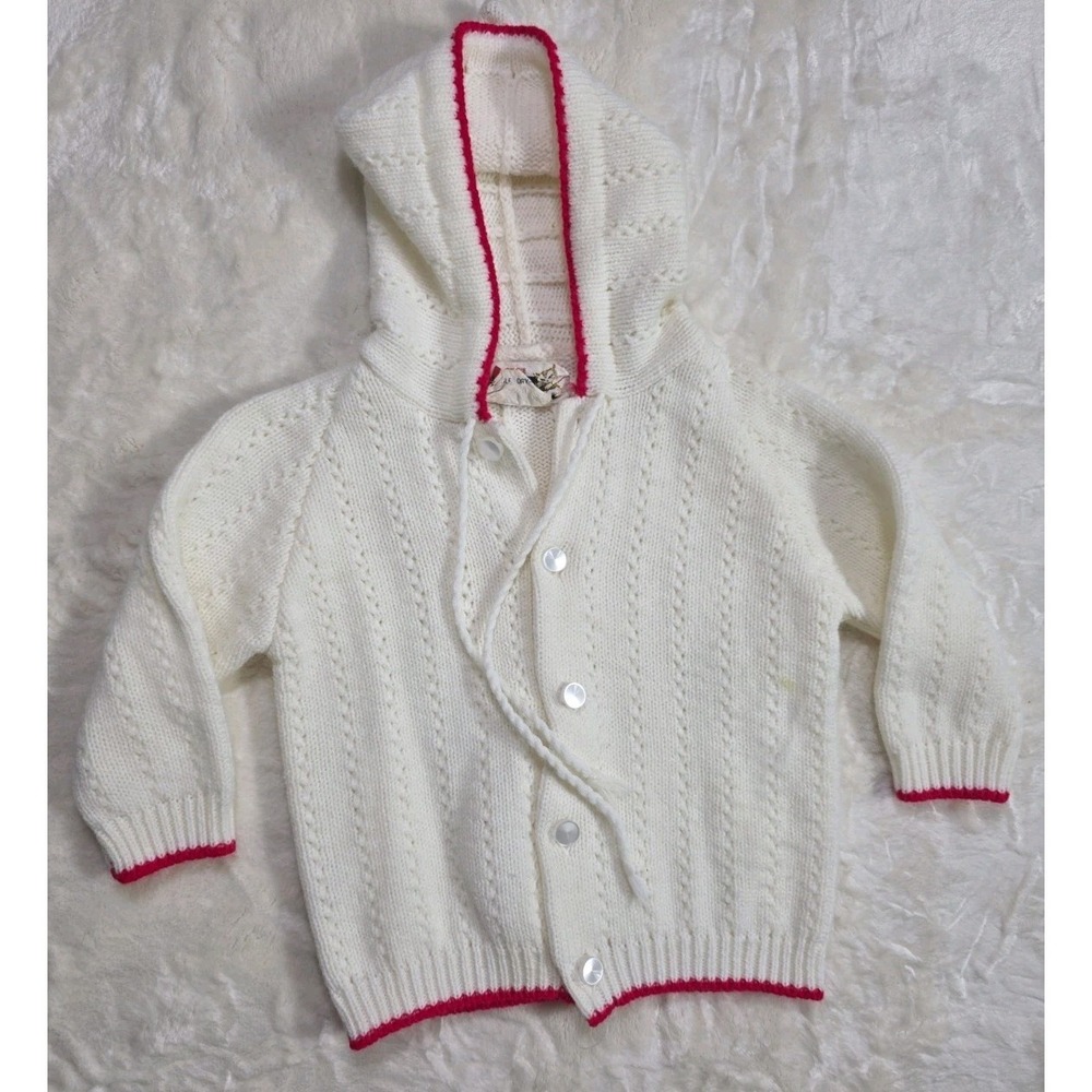 Vintage Mimi Baby Knit Hooded Cardigan Ivory Pink Trim 9-12M 80s